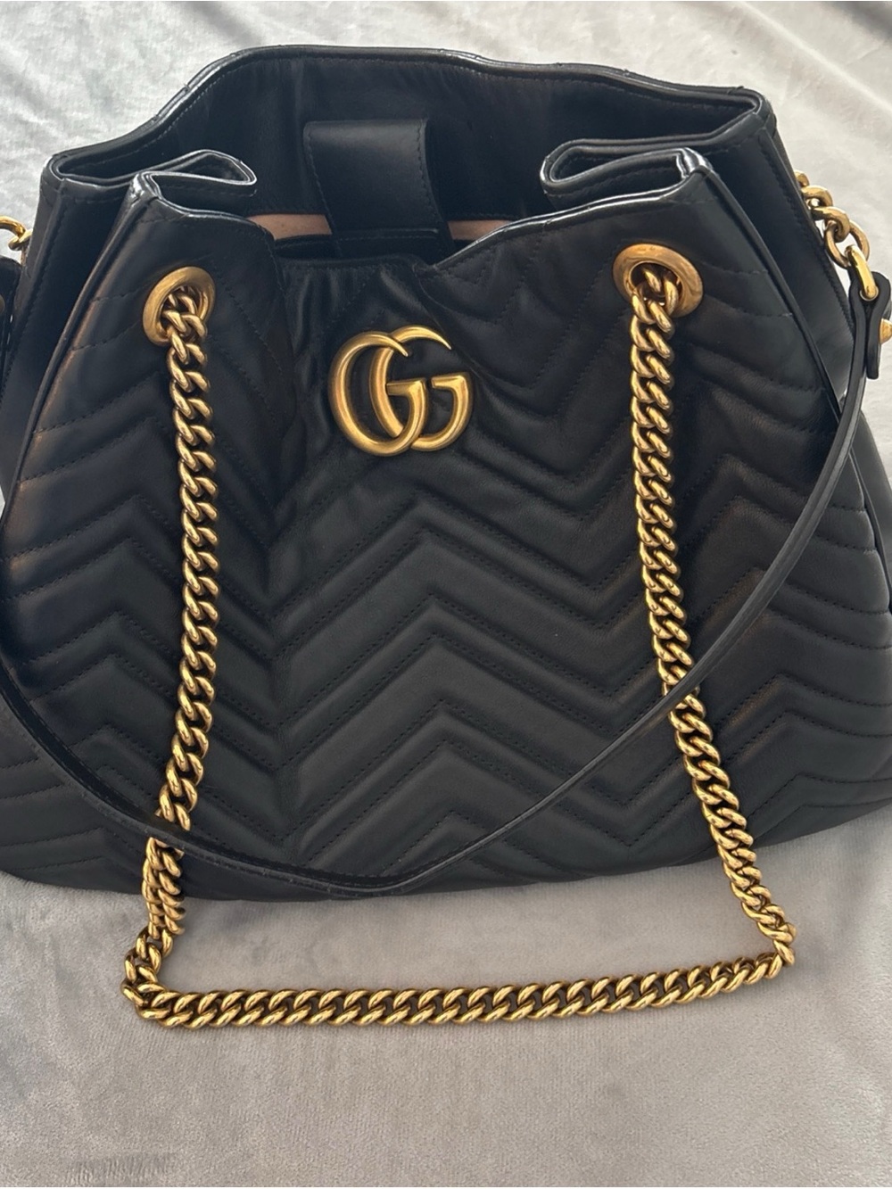 Gucci Black Matelassé GG Marmont Drawstring Tote bag